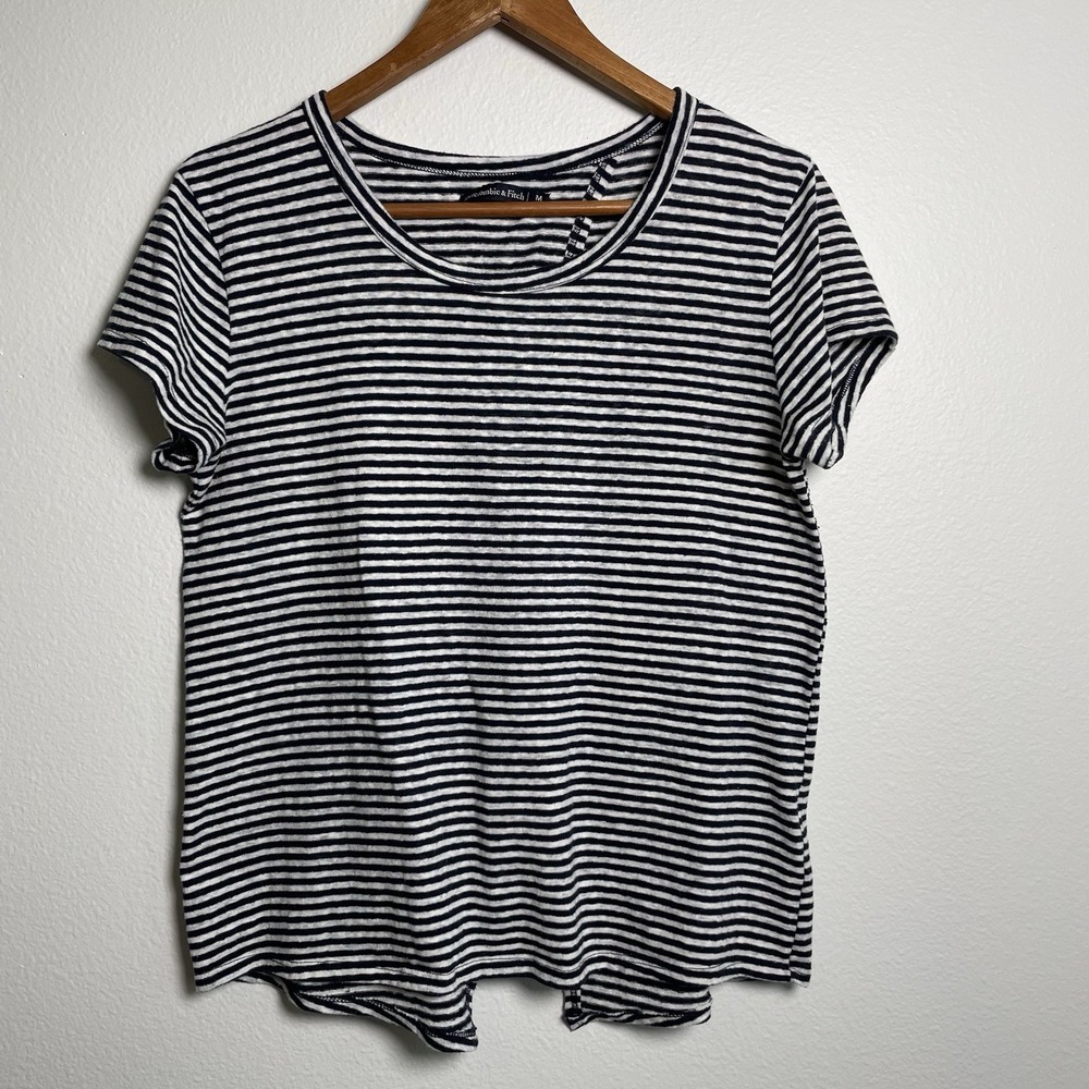 Abercrombie & Fitch Women M Black Striped Tee Nautical Preppy Split Back Knit